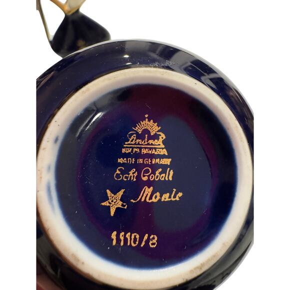 Vintage 1950s Bavarian Cobalt Blue Porcelain Vase Set with Gold Floral Trim - Picture 3 of 7